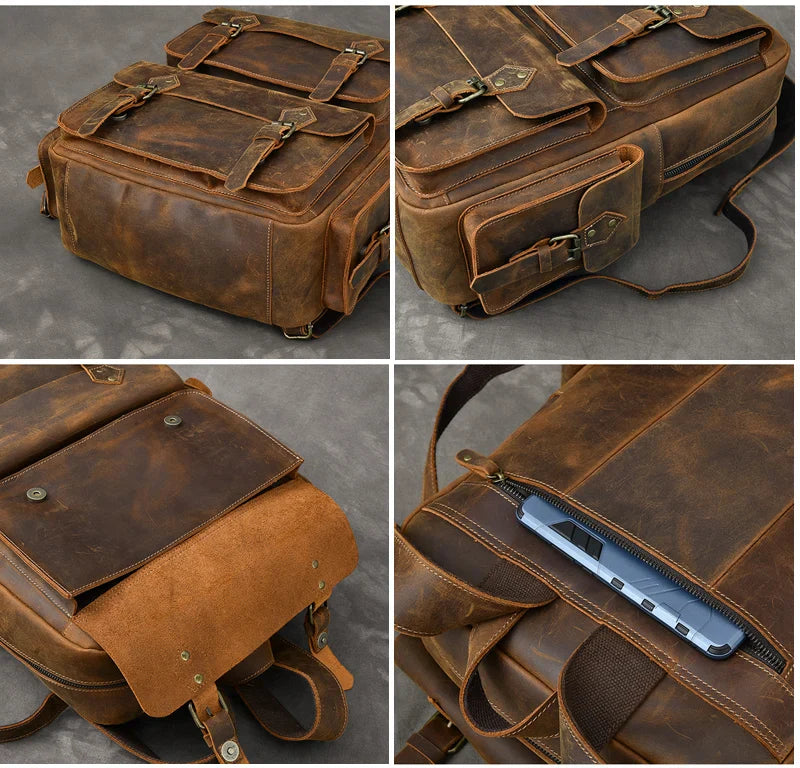 Zaino Vintage Uomo in Vera Pelle Crazy Horse – Grande Capacità con Scomparto per Laptop 17"