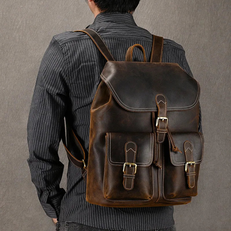 Zaino Uomo in Pelle Crazy Horse Vintage – Grande Capacità per Viaggi, Scuola e Uso Quotidiano