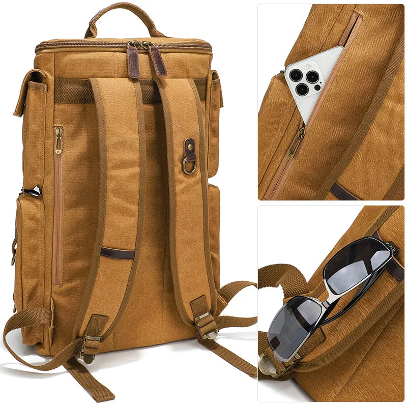 Zaino Vintage Uomo in Pelle e Tela Cerata – Capacità per Laptop 16 Pollici, Zaino da Viaggio e Scuola