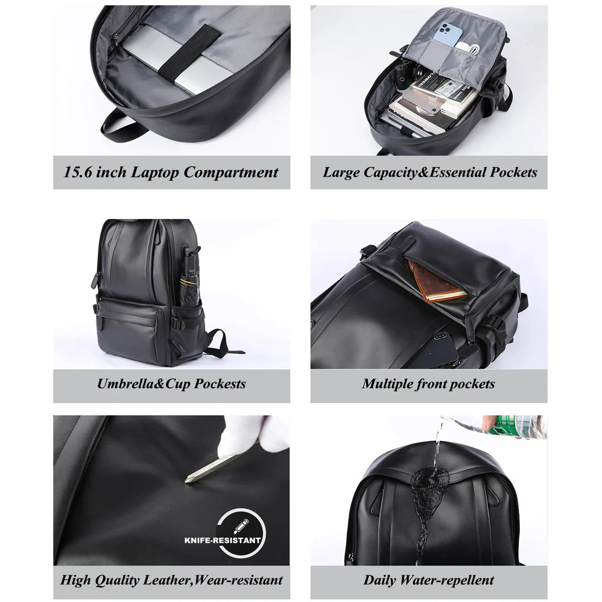 Zaino Uomo in Cuoio Resistente all’Acqua con Porta USB – Per Laptop 14 Pollici e Viaggi