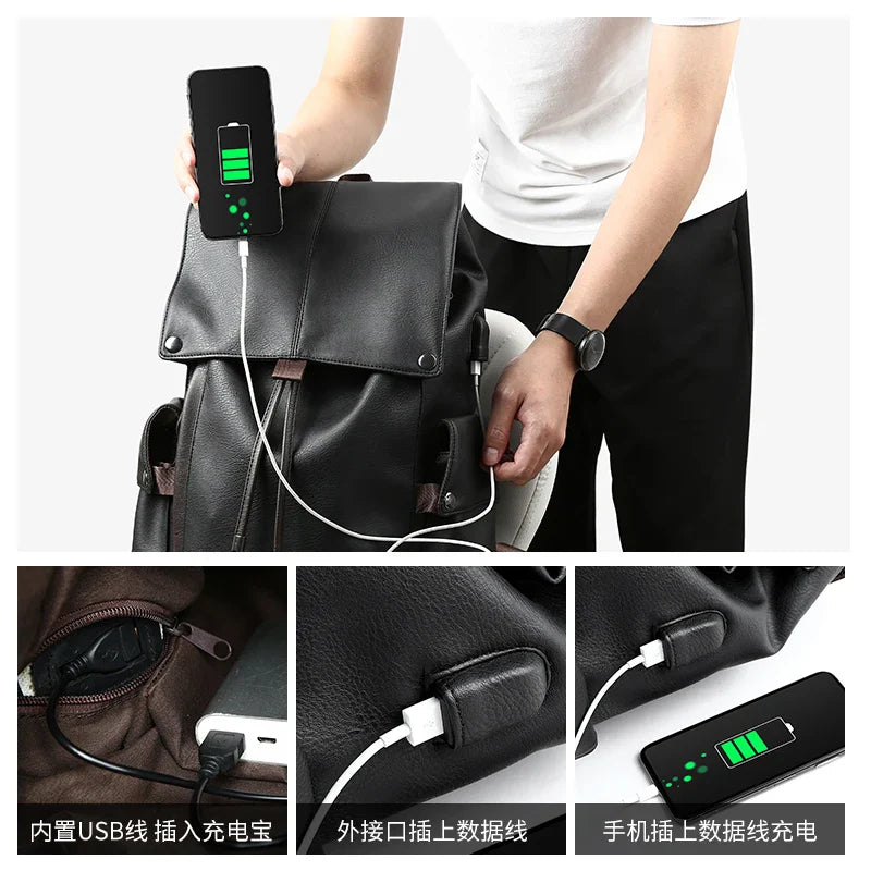 Zaino Uomo in Cuoio Impermeabile con Porta USB – Grande Capacità per Laptop 15,6" e Uso Quotidiano