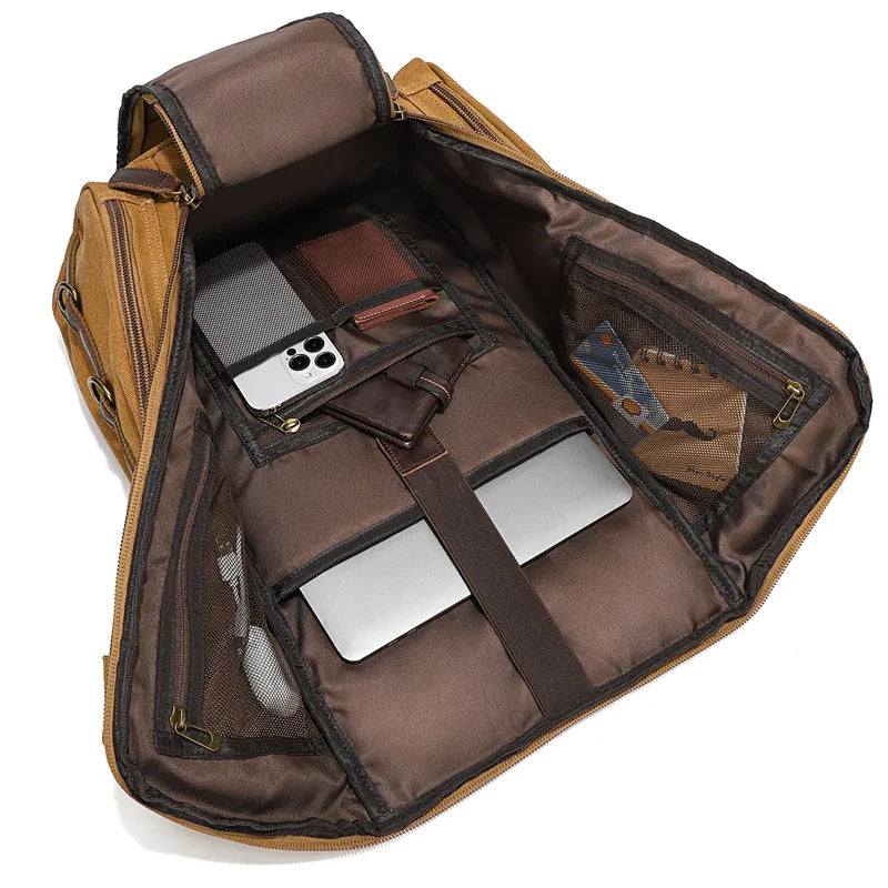 Zaino Vintage Uomo in Pelle e Tela Cerata – Capacità per Laptop 16 Pollici, Zaino da Viaggio e Scuola