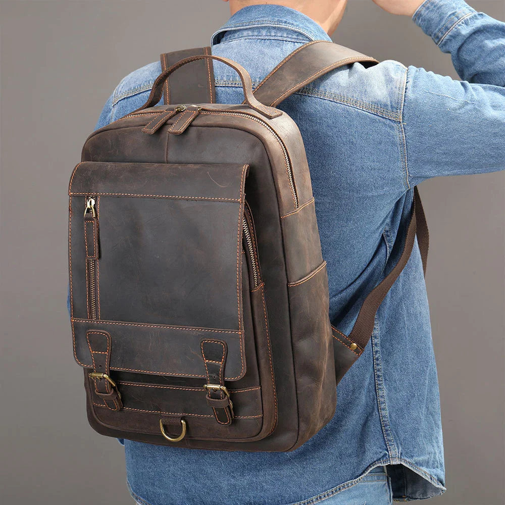 Zaino Uomo in Vera Pelle Crazy Horse – Grande Capacità con Scomparto per Laptop fino a 18"